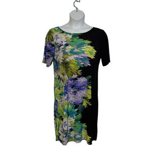 Women's size lg short sleeve knee length dress with green multi colored design
